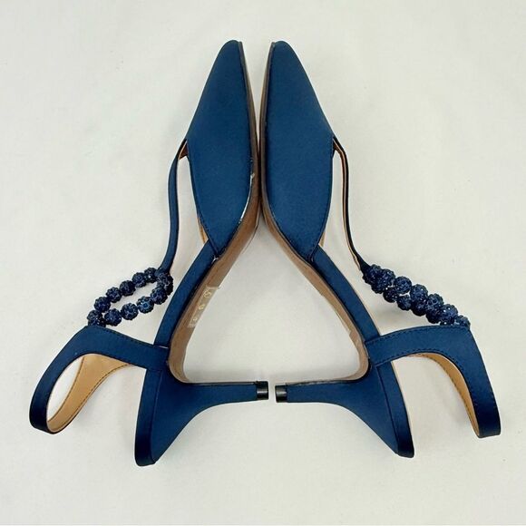 J. Renee NIMAH Navy Blue Sparkle Bead Pointed Toe T Strap Slingback Heels - Picture 12 of 16